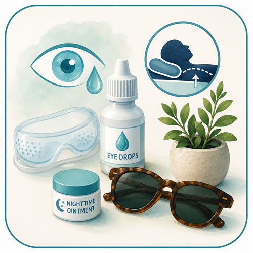 Artificial tears, nighttime ointments, sunglasses, moisture chambers, elevating the head during sleep, and lifestyle adjustments can help reduce dryness, irritation, and light sensitivity.