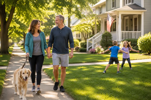 graves-community-ted-community-organization-for-autoimmune-disease-5 man and woman walking their dog in neighborhood - bone healthy activity for someone with graves' disease
