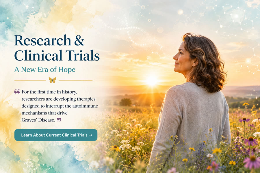 graves' disease research and clinical trials with woman in field of flowers experiencing hope