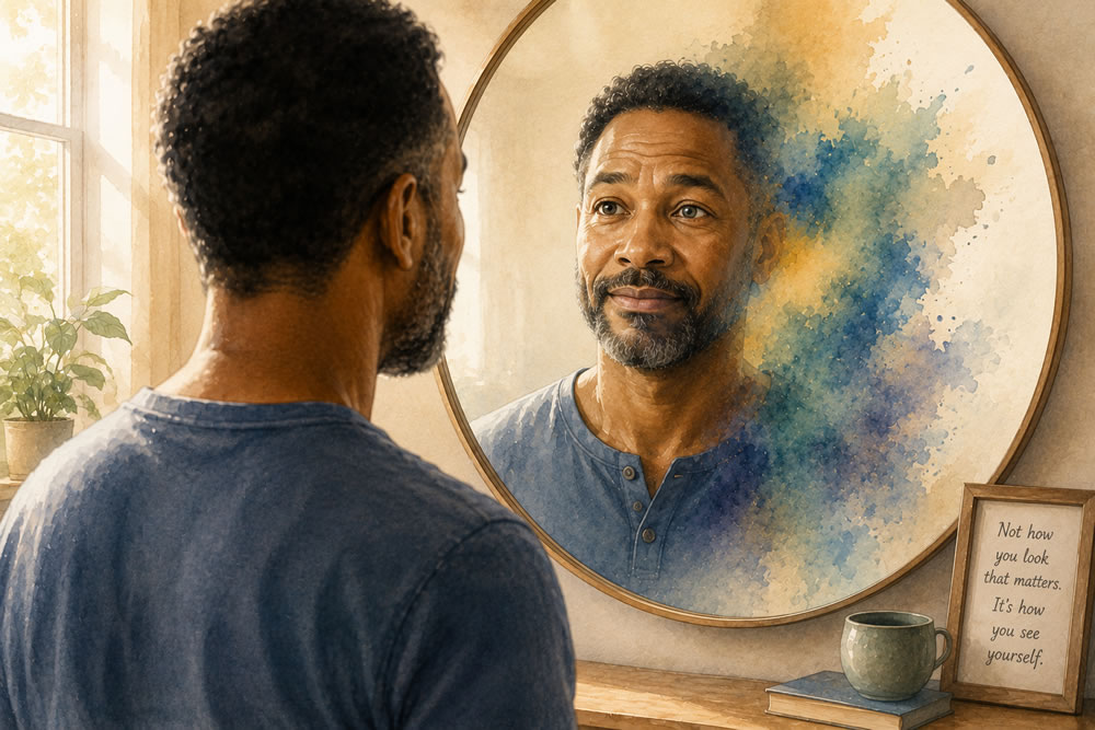 man looking in mirror with thyroid eye disease - TED - loss of identity