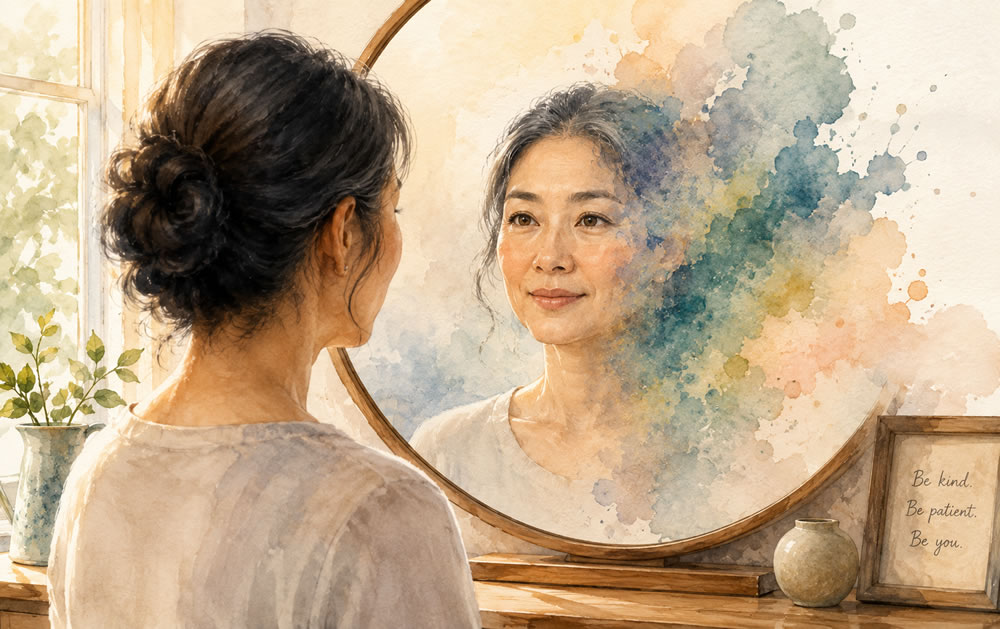 woman looking in the mirror with dark hair and soft colors surrounding her