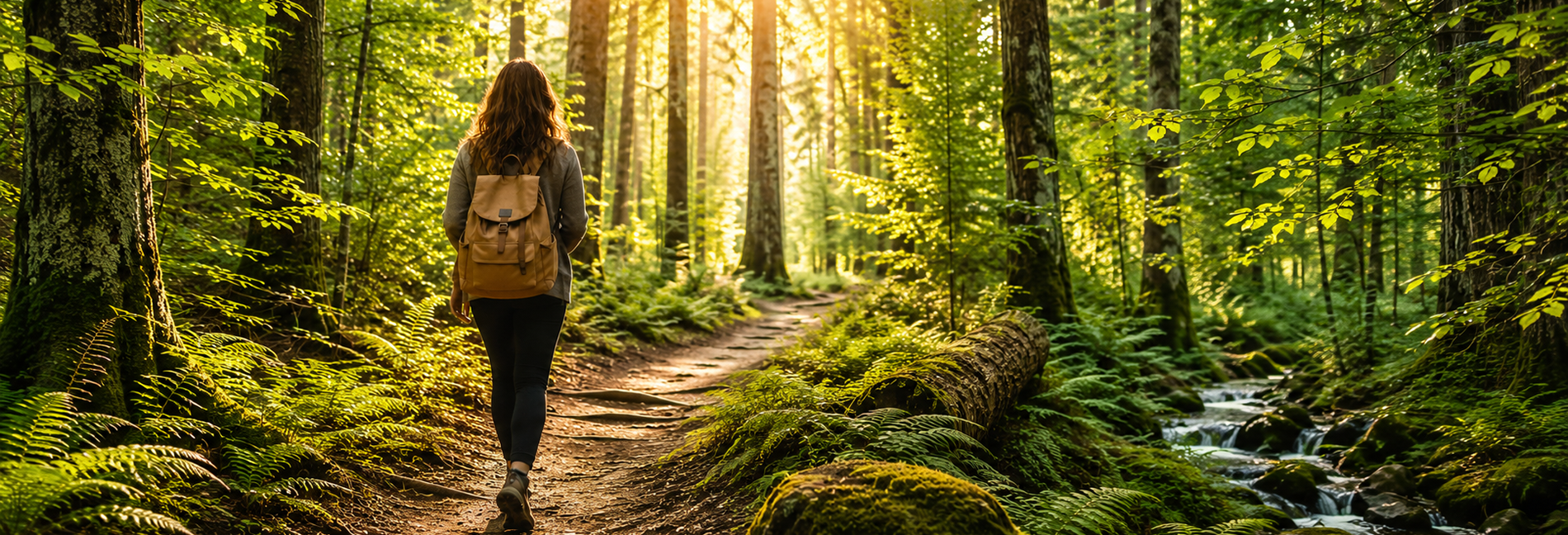 woman walking in the forest by a stream - to illustrate understanding graves' disease and hyperthyroidism