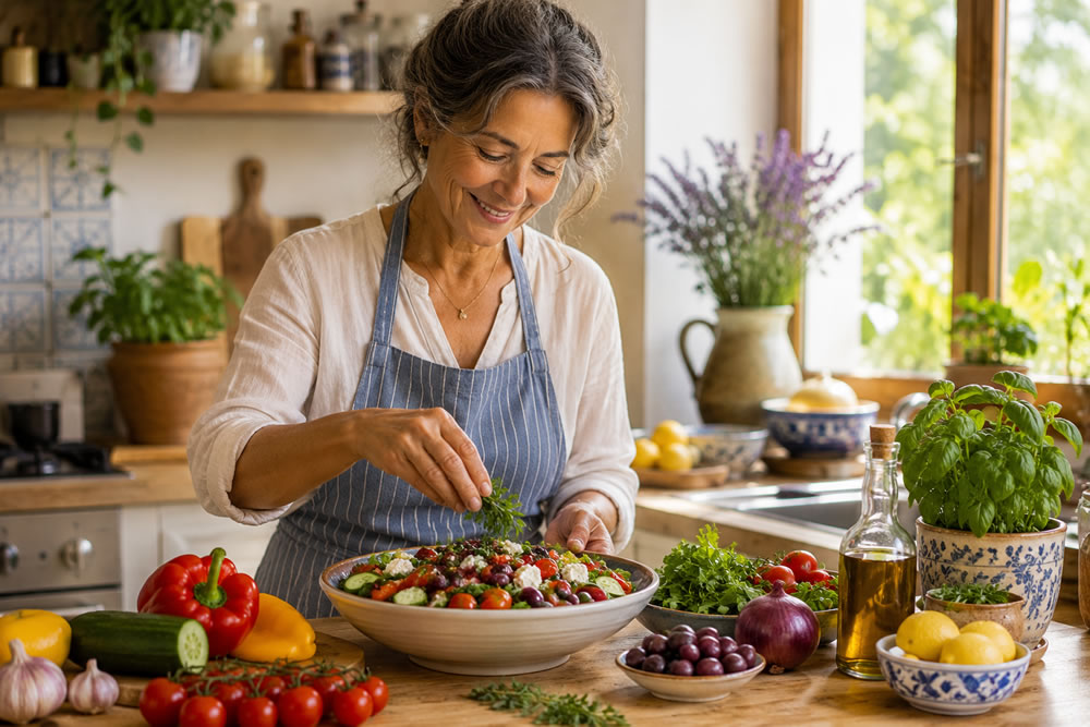 Mediterranean-kitchen-in-natural-light woman cooking in Mediterranean kitchen with natural light