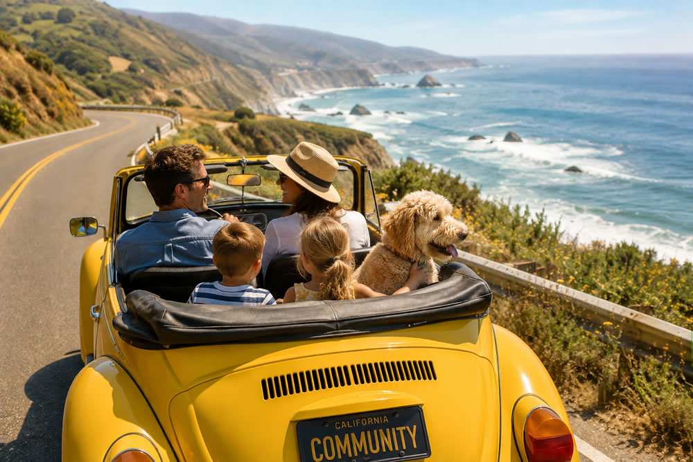 sunny-coastal-road-trip-vw-bug-with-family living well with Graves' & TED - family taking a road trip along the California Coast.